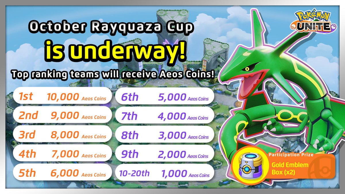 PokemonUnite's tweet photo. The October Rayquaza Cup is underway in #PokemonUNITE!

All participants will receive a 2 Gold Emblem Boxes, and the top 20 will receive Aeos Coins! Don't miss your chance to compete for these great prizes! https://t.co/2vabfWZFOE