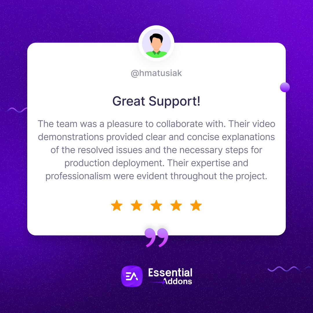 EssentialAddons's tweet image. 🌟 A recent 5-star review for the detailed video descriptions and top-notch support at Essential Addons for #Elementor! 🙌

Your support inspires us to keep innovating and bring even more elements to enhance your #WordPress journey. Thank You!

#EssentialAddons #UserFeedback