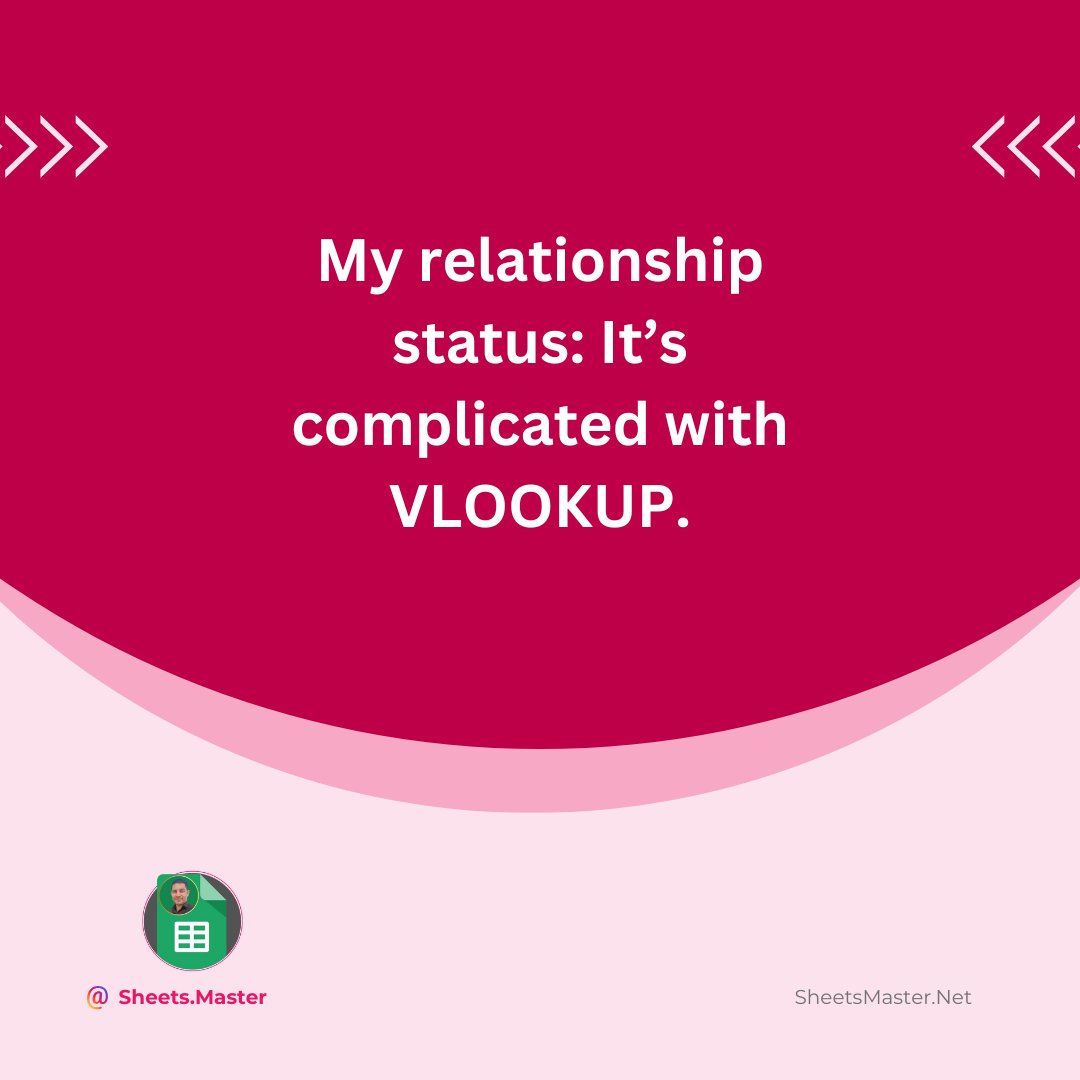 SheetsMaster's tweet image. My relationship status: It’s complicated with VLOOKUP. 💻❤️ #VLOOKUPLoveHate #ExcelProblems #SpreadsheetStruggles #SheetsMaster