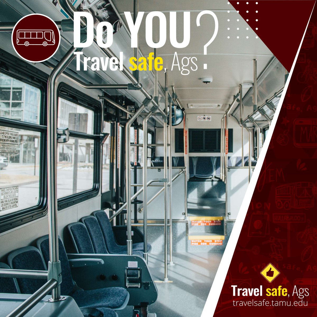 TAMUTransport's tweet photo. It's Safety Sunday! How do YOU travel safe riding on the AggieSpirit bus around campus? 
Check out https://t.co/x1NnOK8miJ to make sure you're keeping yourself and other Ags safe on campus! 
#TravelSafeAgs #TAMU https://t.co/jHx3HAUU7K