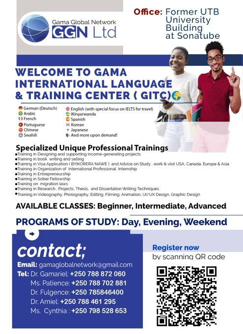 DrMbonimana's tweet photo. Ishuri Gama International Language Training Centre (GITC) twigisha #Ikidage #Icyongereza, n'ibindi nka #Photography Twigishiriza #Online cg ahahoze #UTB #Sonatube
Kanda hano wiyandikishe. Tuzatangira ejo ku wa 28/10/2024:
https://t.co/kGn3Caxv2C
Source: https://t.co/AvGwwIA3SG https://t.co/UJyEY0GKCc