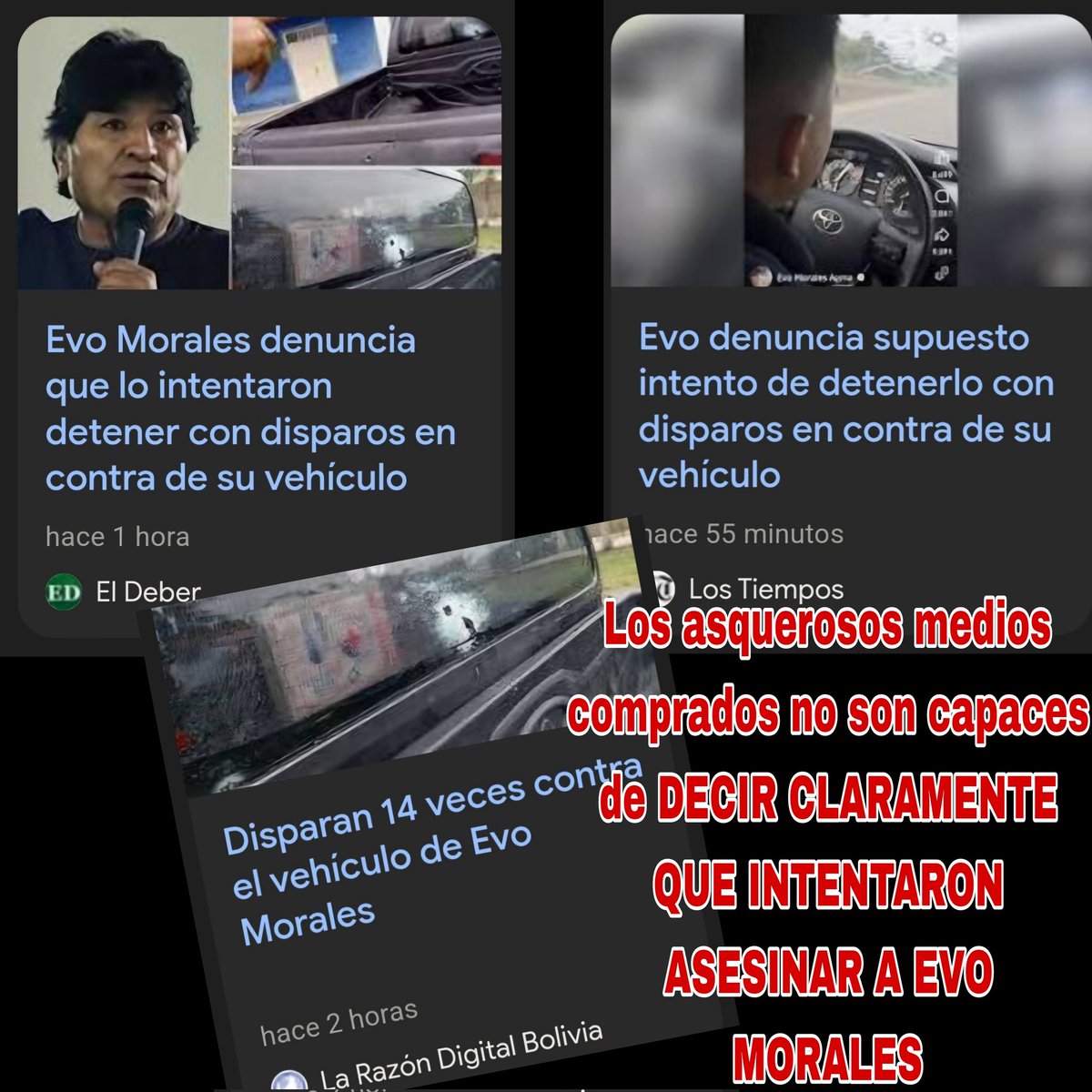 Que quede en la memoria que los asquerosos medi0s comprad0s por Luis Arce y por Estados Unid0s no son capaces ni siquiera de DECIR CLARAMENTE QUE INTENTARON 4SESIN4R A EVO MORALES.

¿Qué es eso de "intentaron detenerlo con 14 disparos en su vehículo"? 😆 ¿desde cuando se detiene