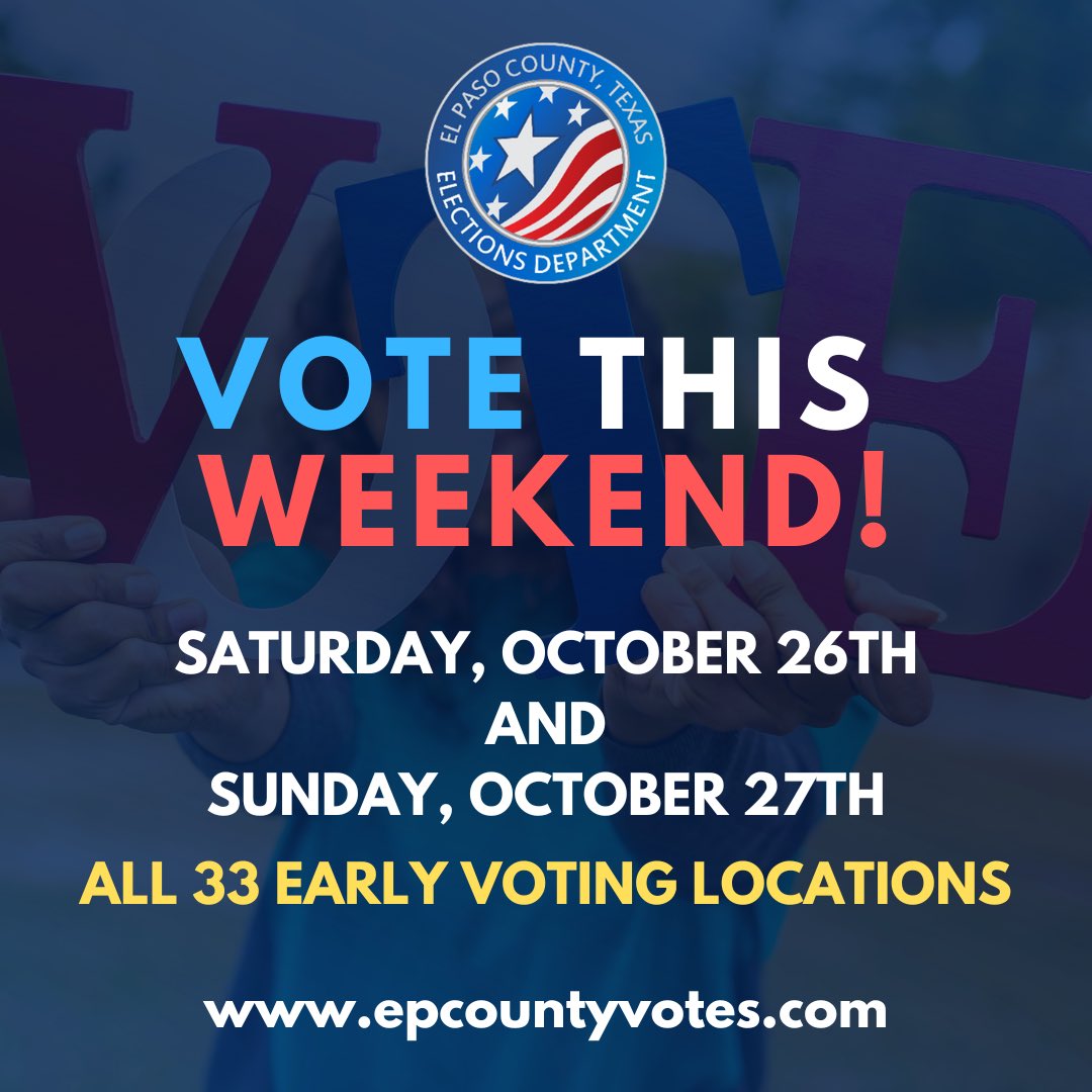 GoVoteEP
🗳️SUNDAY, OCTOBER 27TH!
👉🏼All 33 Early Voting Locations will be OPEN!
📍For a location near you, hours of operation and real-time wait times visit epcountyvotes.com/voter-informat…