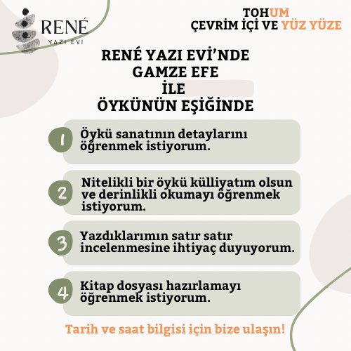 Yunus Nadi Öykü Ödülü sahibi Gamze Efe ile öykü yazarlığının incelikleri 🌾 
Üstelik hem yüz yüze hem çevrim içi 🌾
#renedesanatvar 

📌Detaylı bilgi ve kayıt için: 
📞 0532 256 2799
📧 info@reneyazievi.com