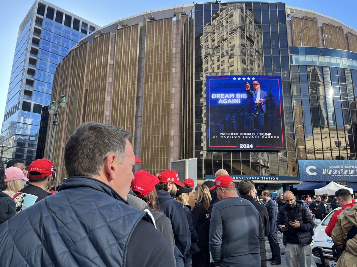 Sea of MAGA hats already lining up for Madison Square Garden. Going to be a long day…