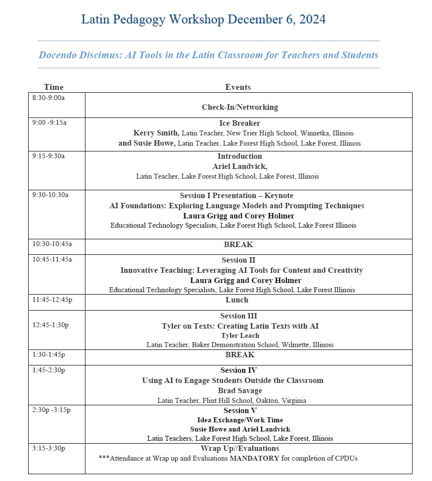 <a href="/LFHS_LakeForest/">Lake Forest Community High School D115</a> Don't delay! Register for this year's #LatinPedagogyWorkshop "Docendo discimus: AI Tools in the Latin Classroom for Teachers &amp; Students"  by Nov. 11!
tinyurl.com/2024LatinPedag…

Taking place <a href="/LFHS_LakeForest/">Lake Forest Community High School D115</a> West Campus (Google meet also available!)
More info tinyurl.com/latinpedagogyw…