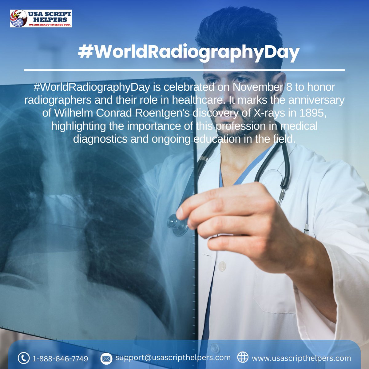 USAScriptHelper's tweet image. 🩻✨ Happy #WorldRadiographyDay! Today, we celebrate the incredible work of radiographers who play a vital role in healthcare by using imaging technologies to improve patient care. #usascripthelpers