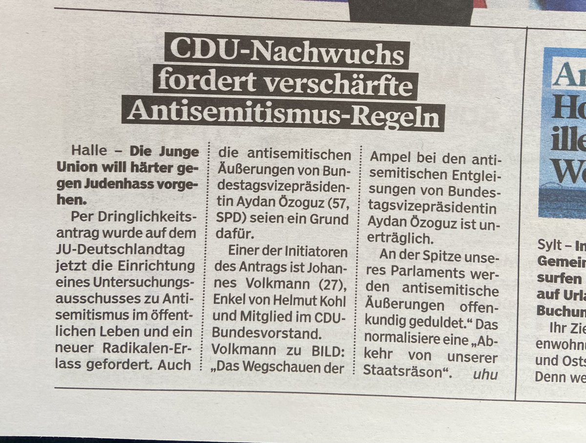 jbvolkmann's tweet image. Heute in der BAMS: die einstimmige Forderung des #DLT24 nach einem U-Ausschuss zur Aufarbeitung von Antisemitismus im öffentlichen Raum. Israelfeindlichen Problemstrukturen muss endlich die Finanzierung durch Steuergeld entzogen werden. Wir wollen zudem eine Neuauflage des…