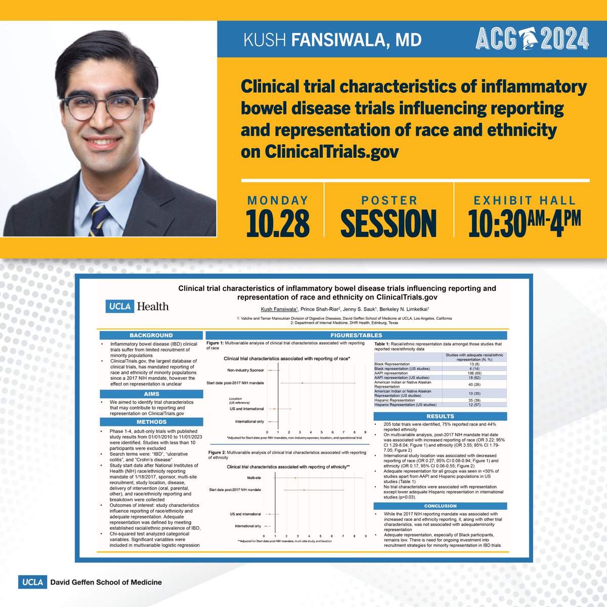 🙌#ACG2024 poster, Monday, October 28

Clinical trial characteristics of #IBD trials influencing reporting and representation of race and ethnicity on ClinicalTrials.gov

👤<a href="/KushFansiwalaMD/">Kush Fansiwala, MD</a>
👥<a href="/PRINCEARKO1/">Prince Shah-Riar, MD</a> Jenny S. Sauk <a href="/berkeleydoc/">Berkeley Limketkai</a>