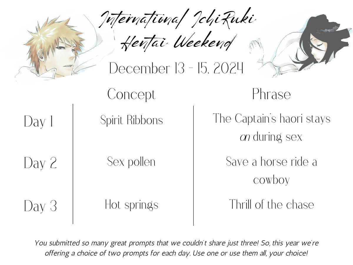 🤍🖤International IchiRuki Hentai Weekend🤍🖤
December 13 - 15, 2024

It's getting cold outside, but Ichigo and Rukia know just how to keep warm. 

Please join us this December for #IIHWE24!

#IchiRuki #イチルキ