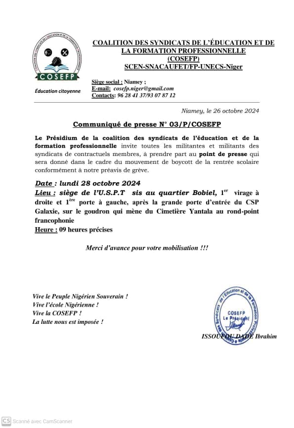 ighazer's tweet photo. #Éducation📚Rentrée scolaire
🛑Communiqués des Syndicats de l’Éducation:
#DYSF: demande de s'abstenir à la rentrée scolaire;
#COSEFP: invite ses militants de boycotter la rentrée scolaire
#SNEN, solidaire aux revendications de la DYNAMIQUE et rejette le Communiqué de l'IESNI https://t.co/wWaeEEYCOd