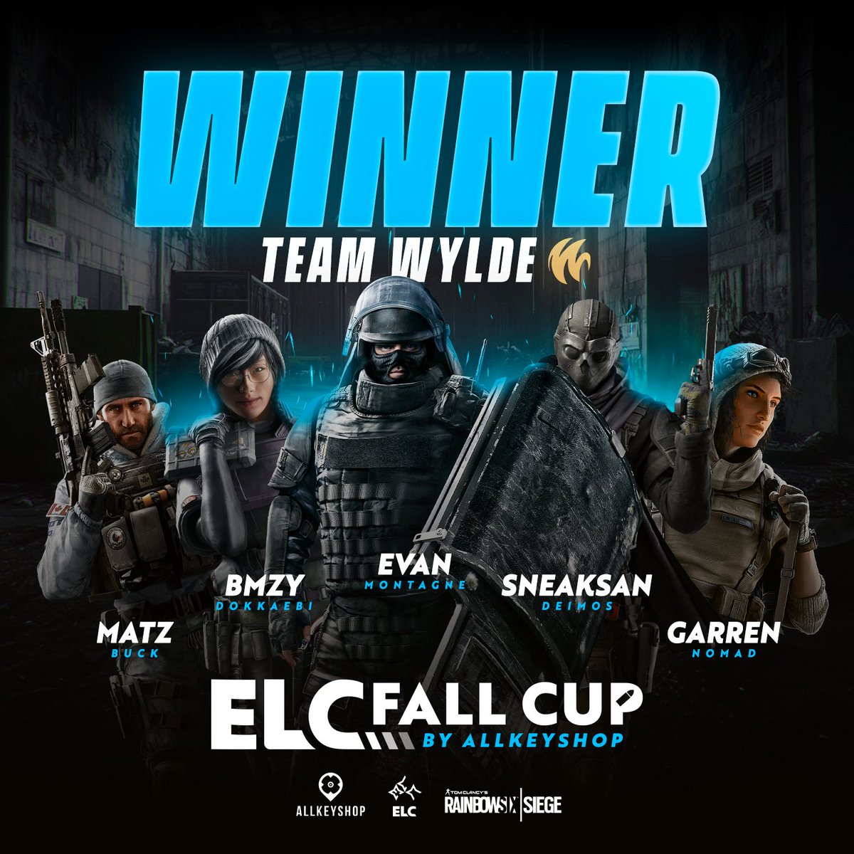 [𝐄𝐋𝐂 𝐅𝐚𝐥𝐥 𝐂𝐮𝐩]

Here are your 𝐄𝐋𝐂 𝐅𝐚𝐥𝐥 𝐂𝐮𝐩 Champions! 

🏆 @WYLDE_GG Academy

🇮🇪<a href="/R6S_Evan/">WYLDE Evan</a>
🇪🇸<a href="/Sneaaak_/">Sneak ᴥ</a>
🇬🇧<a href="/ibmzy/">WYLDE Bmzy</a>
🇸🇰<a href="/MbyGrN/">WYLDE garren</a>
🇵🇹<a href="/matzr6/">WYLDE Matz</a>

A big thank you to @Allkeyshop for co-organising this event!

And GGs to @spiritgaminghun🥈

#ELC_FallCup #ELCxAKS #WeAreELC
