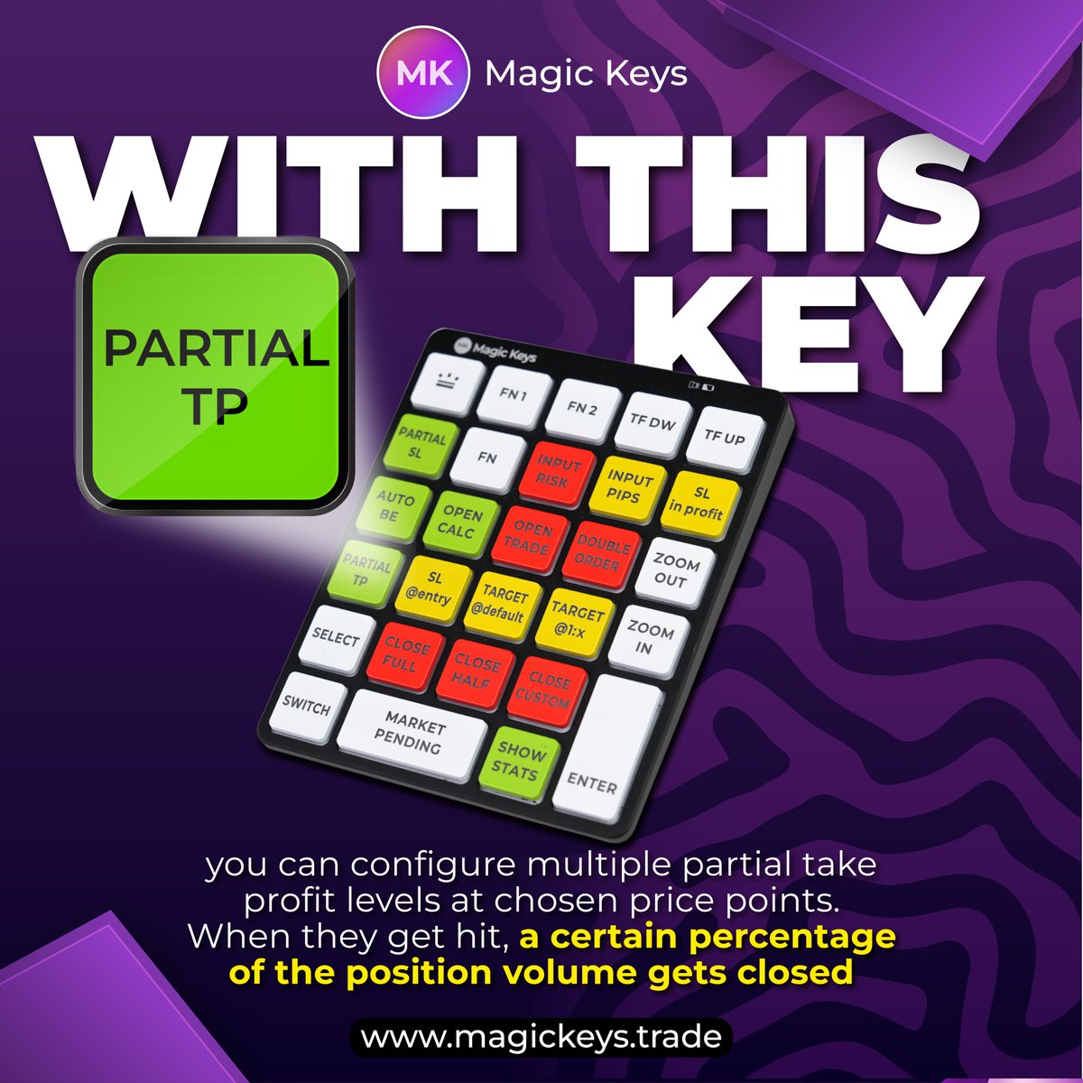 Imagine locking in profits in seconds without losing momentum on your trades. 

With Magic Keys’ Partial TP button, you can do exactly that. 

This feature lets you instantly close a portion of your position while keeping the rest running—no calculations, no hassle.

#magickys