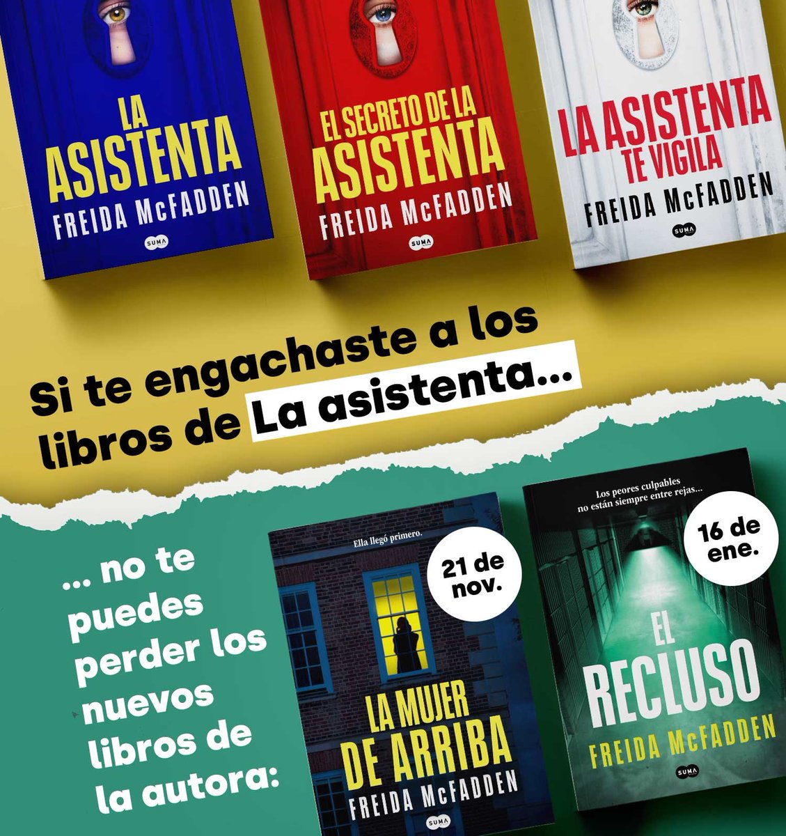 Después de «La asistenta», la adicción continúa con las nuevas novelas de <a href="/Freida_McFadden/">Freida McFadden</a>. 💥 «La mujer de arriba» llega en nada, y con «El recluso» estrenaremos el año como más nos gusta: leyendo del tirón. Preparados, listos... ¡empieza la cuenta atrás! bit.ly/40cUgc2