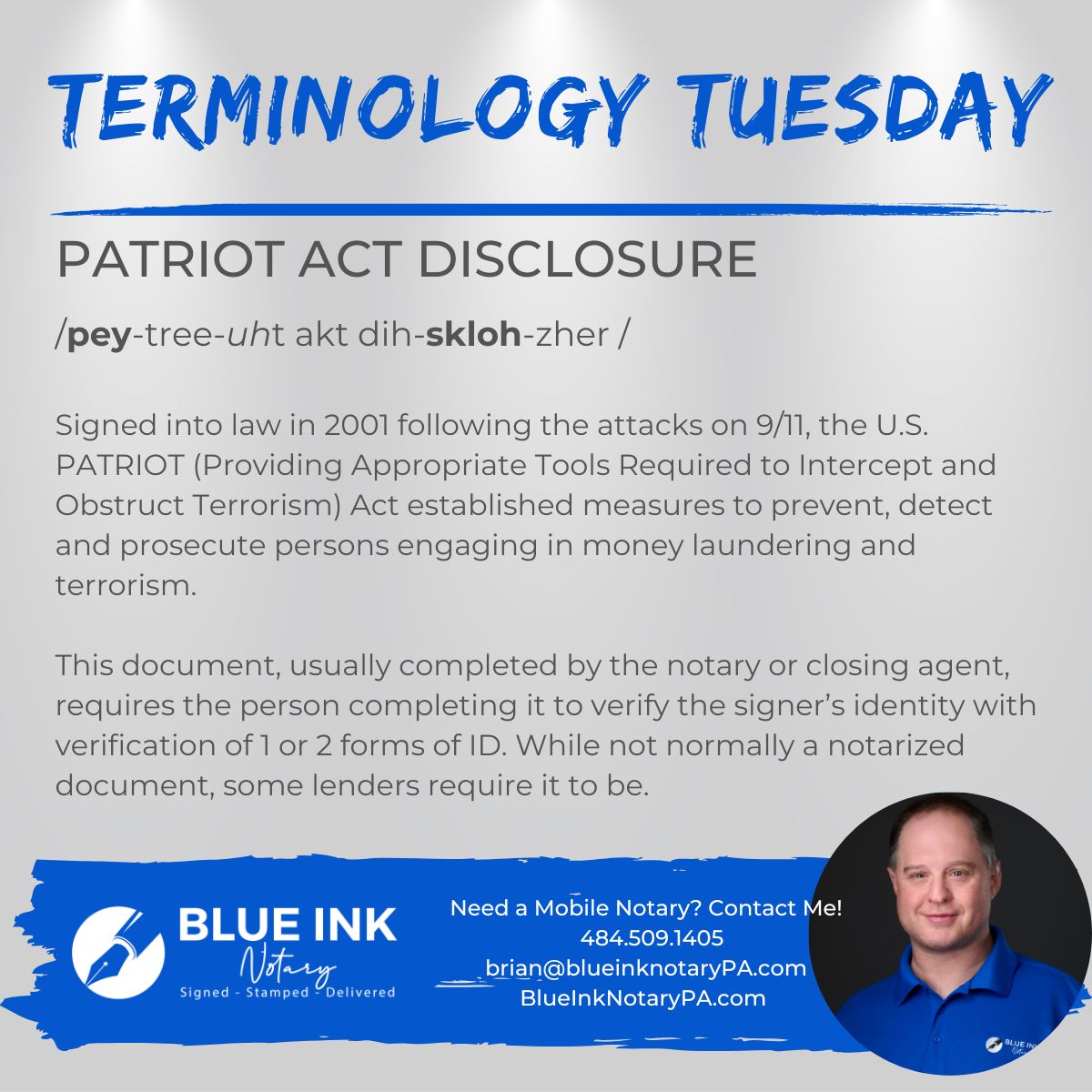 BlueInkNotaryPA's tweet image. Let's take a look at another 1st time home buyer look at another document commonly found in your closing package for today's Terminology Tuesday...the Patriot Act Disclosure.

#terminologytuesday #notaryterms #signingagent #mobilenotary  #firsttimehomebuyers #patriotactdisclosure