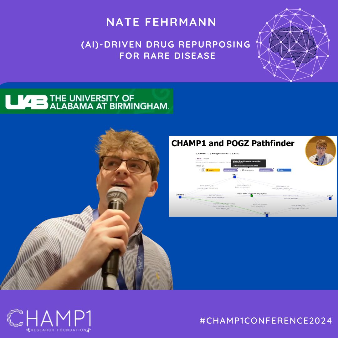 CHAMP1Research's tweet photo. 🤖 AI-Driven Drug Repurposing for Rare Diseases! 🤖 @UABNews  @uabprecisionmed
Nate Fehrmann from The Hugh Kaul Precision Medicine Institute, University of Alabama at Birmingham

📺 Watch the presentation:
https://t.co/2ZXPYxndlF

#RareDiseaseResearch #CHAMP1Conference2024 https://t.co/LF2IbPJFnz