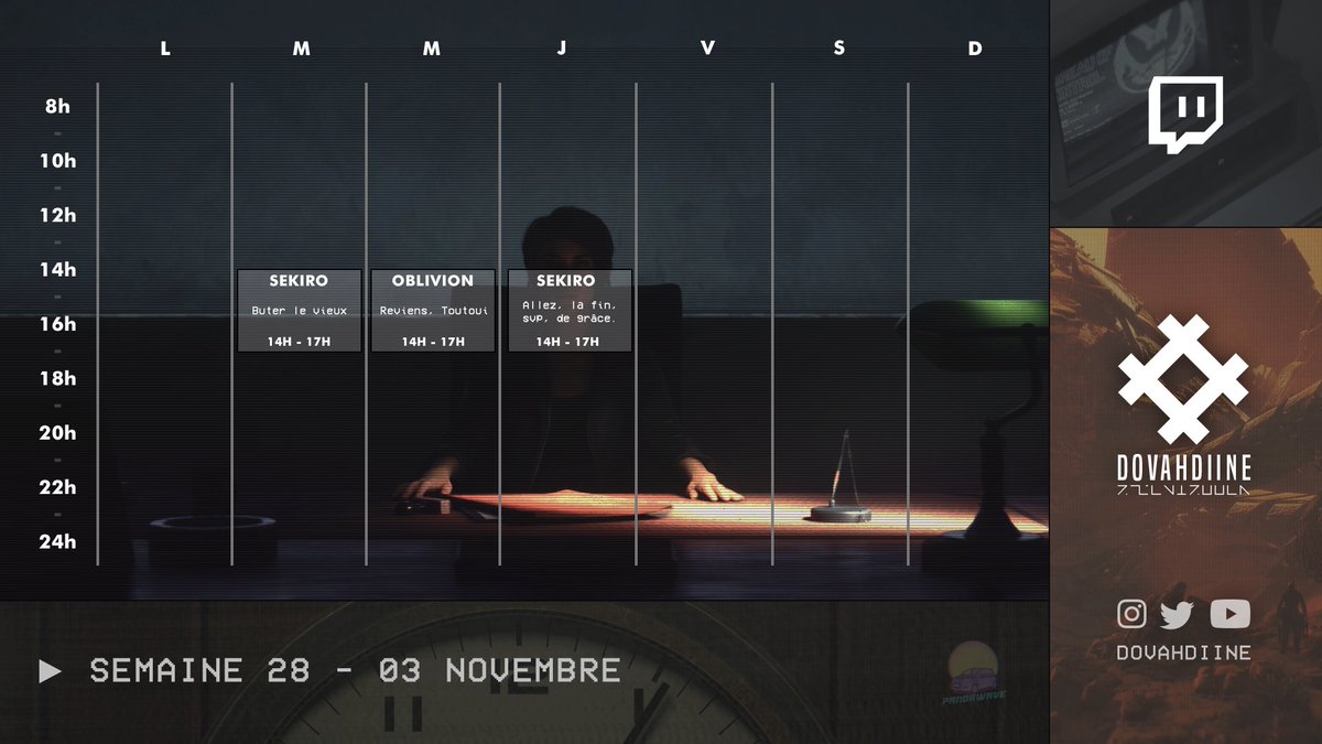 P L A N N I N G

Semaine chill donc on va se permettre d'en faire un !
Note : tout peut être soumis à changement, à tout instant.

Mais sinon :

- on termine Sekiro (j'espère, s'il vous plait, de grâce, enfin)
- on retrouve Toutoui (ça faisait longtemps)

Toujours dans la joie <3