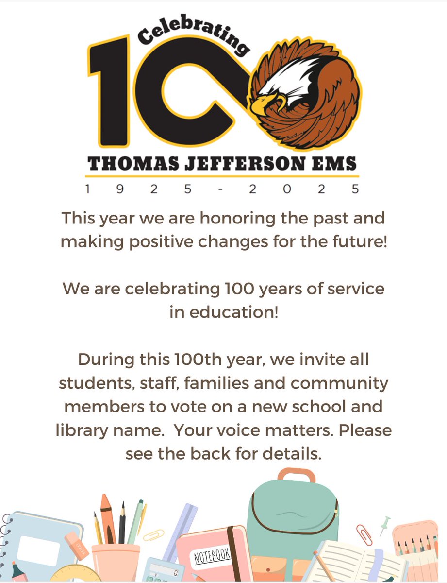 After lots of discussion with our school stakeholders, we are considering a new school name for our 100th year anniversary! All students, staff, families and community members are invited to join in on the vote.  Check Class Dojo for all the updates!