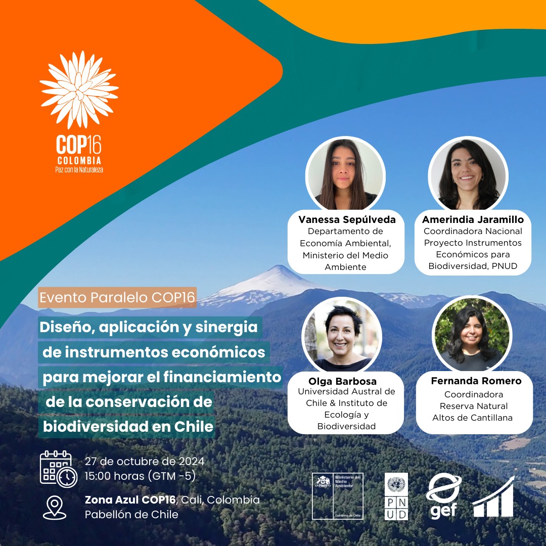 📢 ¡Atención participante de la COP16, no te pierdas nuestro Evento Paralelo! 

*"Diseño, Aplicación y Sinergia de Instrumentos Económicos para Mejorar el Financiamiento de la Conservación de la Biodiversidad en Chile"*

📍 Zona Azul COP16, Cali
📅 Domingo 27
⏰ De 15:00 a 16:00