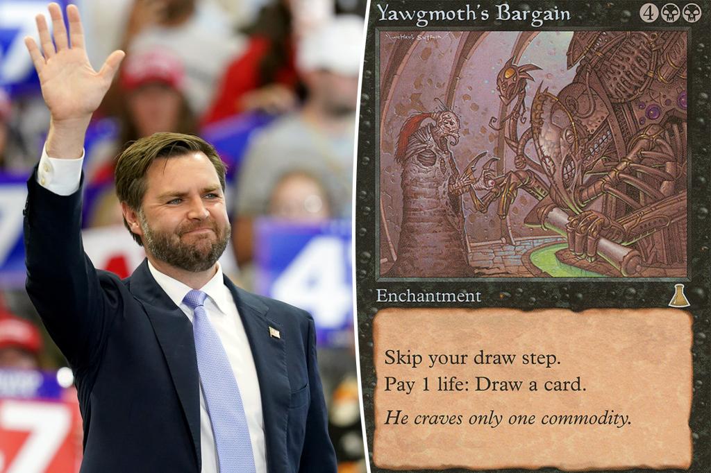 nypost's tweet photo. JD Vance plays ‘Magic: ‘The Gathering’ — and his favorite card could reveal GOP candidate’s dark political ambitions https://t.co/UX8c6wbKYl https://t.co/cmbcLiMrqr