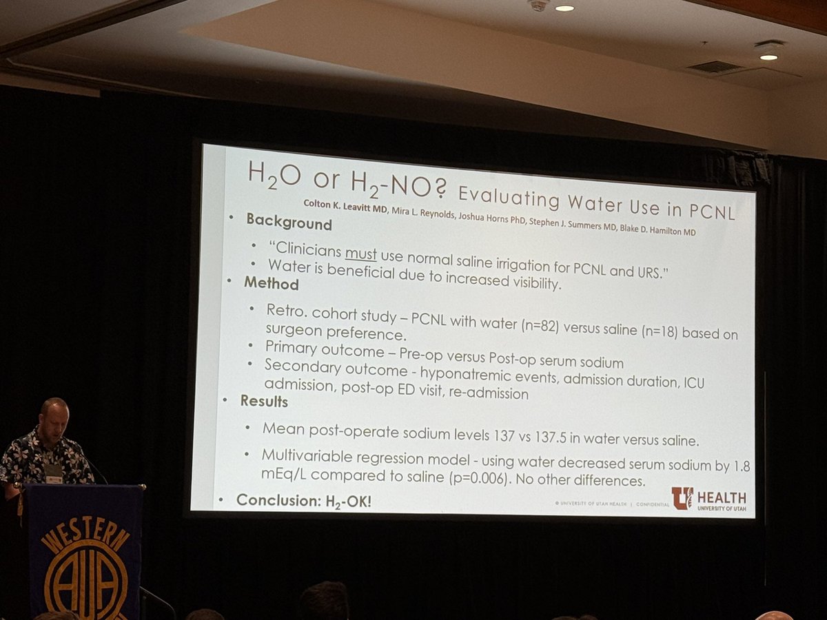 Bogdana Schmidt MD, MPH (@bogdanaschmidt) on Twitter photo Love seeing our <a href="/UtahUrology/">University of Utah Urology</a> residents present meaningful research at <a href="/auawest/">Western Section AUA</a>!
#ColtonLeavitt highlighting sterile water is safe for PCNL use - highly useful in the current IVF shortage! Love seeing our <a href="/UtahUrology/">University of Utah Urology</a> residents present meaningful research at <a href="/auawest/">Western Section AUA</a>!
#ColtonLeavitt highlighting sterile water is safe for PCNL use - highly useful in the current IVF shortage!
