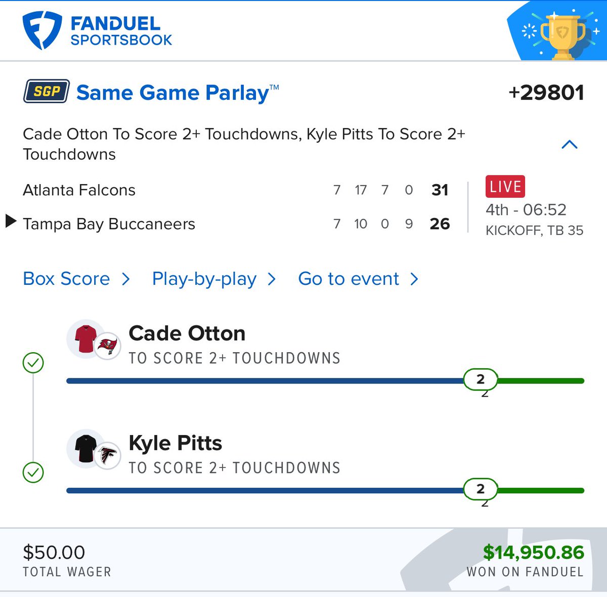 2+ TDs PARLAY ON NATIONAL TIGHT ENDS DAY 

$50 INTO $14.9K 🤯 🤯

(via <a href="/stonedbetting/">Super Stoned Betting</a> | <a href="/FDSportsbook/">FanDuel Sportsbook</a>)