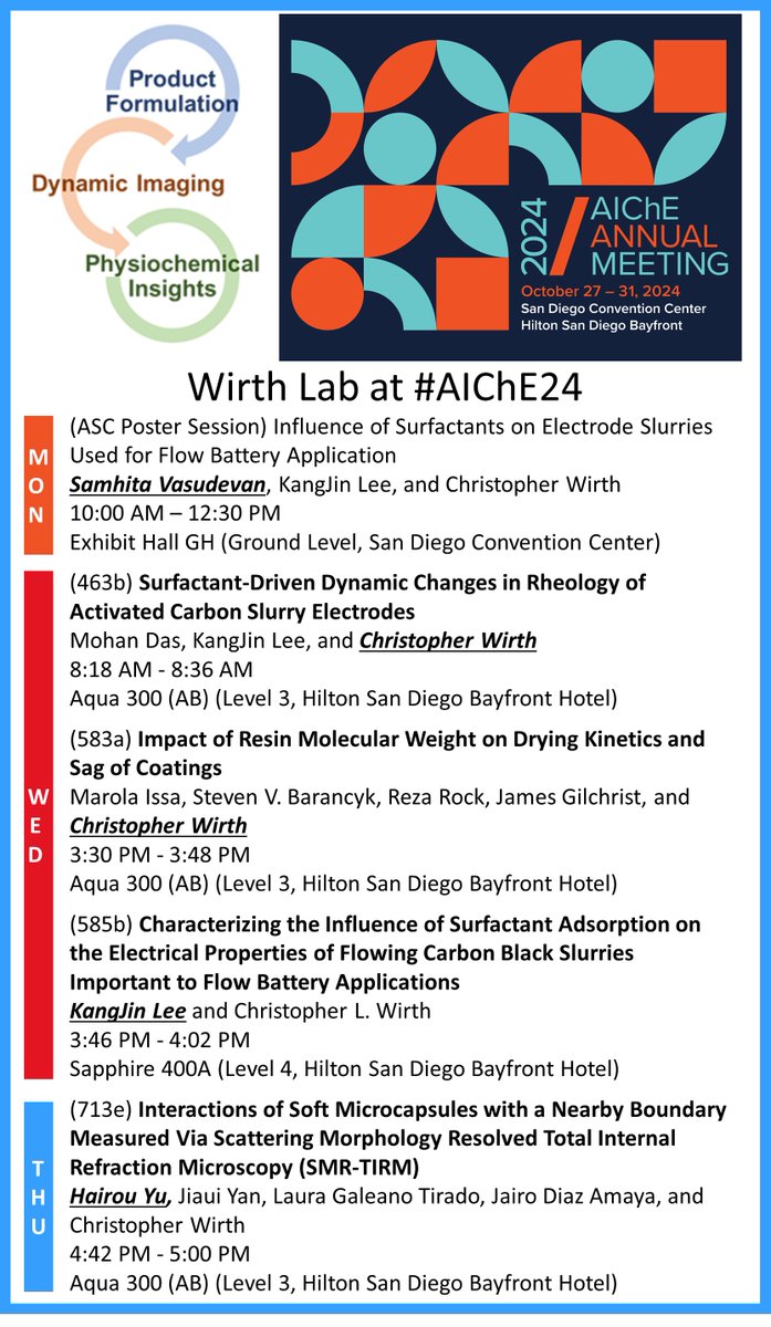 wirthlab's tweet image. Check out our work at #AIChE24 on #battery materials, #coatings, and soft #capsules! 👇

Led by @KangJin_L, @HairouYu, Samhita Vasudevan, Mohan Das, and @Marola_Issa, andin collaboration with @PPG, @Gilchrist_Lab, Reza Rock, and Steve Barancyk. TY @PNNLab and @NSF! #ColloidsRCool