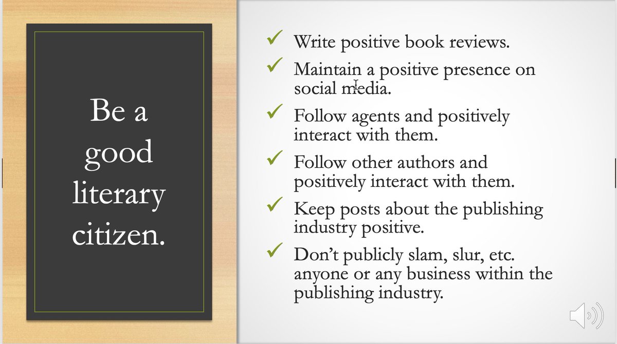 This slide is from a presentation I do for #amquerying authors. I'm sharing it because being a good literary citizen is so important. Publishing is hard enough. We gotta be there for each other. Spread some Sunday love today to someone in publishing. 🥰