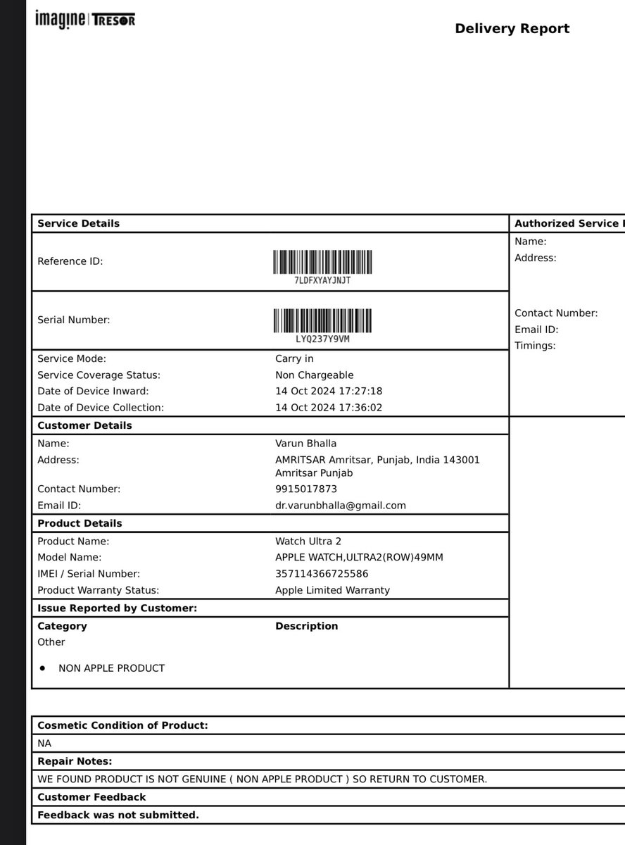 drvarunbhalla's tweet photo. **@Flipkart, @FlipkartCeo, @flipkartsupport @FlipkartCFO, @AppleIndia, please address this issue of receiving a fake product during your Diwali sale!**

I ordered an Apple Watch Ultra during the Diwali sale through Flipkart with open-box delivery. Since I wasn’t home, I asked https://t.co/Vd1E9B5dsS