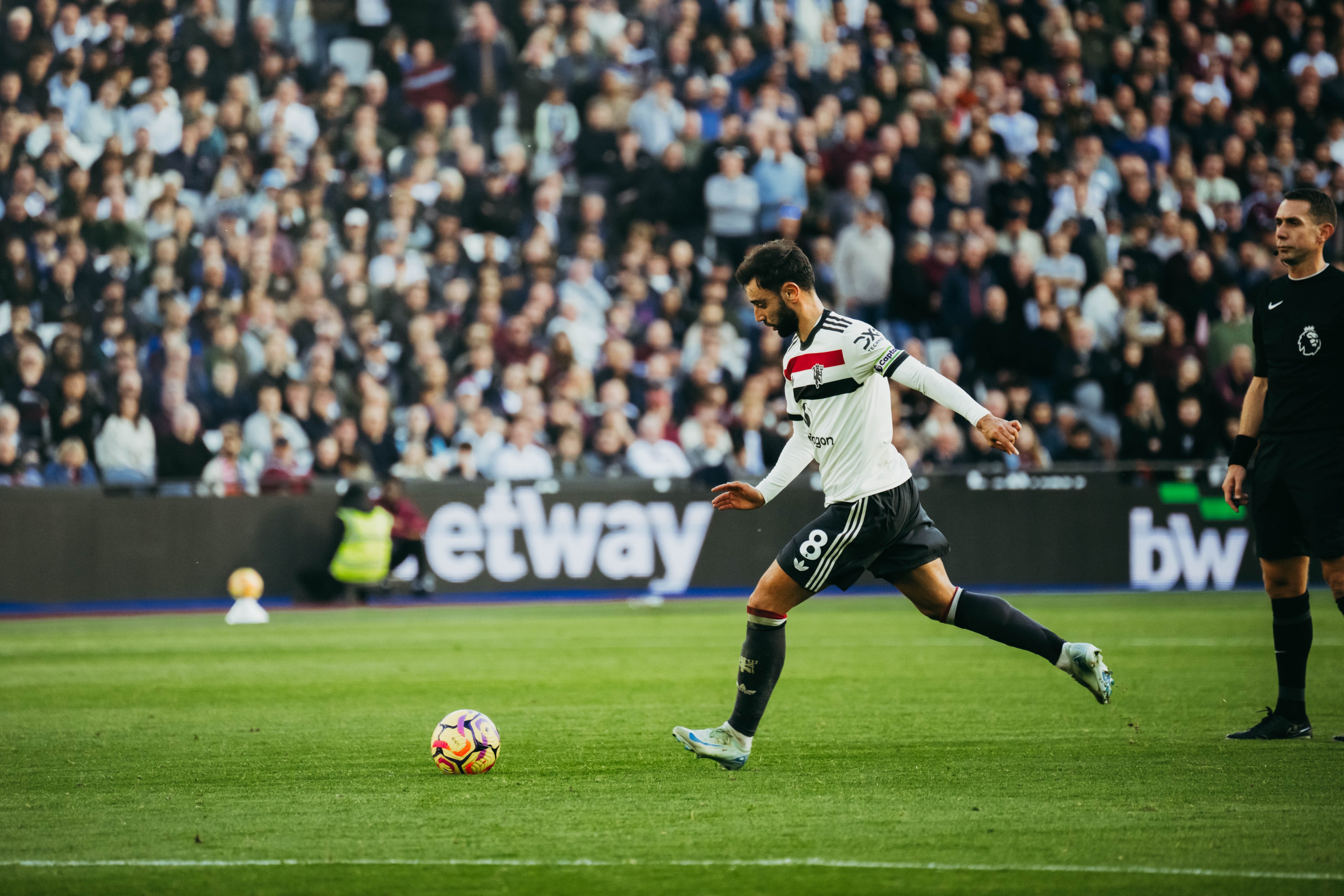 Bruno Fernandes strikes a free-kick at goal.