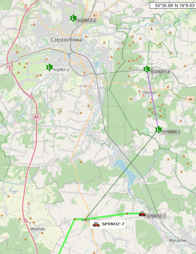 SP9DLM's tweet photo. I made a #LORA #APRS tracker for @SP9NOZ. Today it made its maiden run to its QTH transmitting on 434.855 and baud rate 1200.The map shows that the signal was received by many #LORAAPRS gateways working in DIGI mode.This is what the correct APRS network structure should look like https://t.co/pUz9qYSmiX