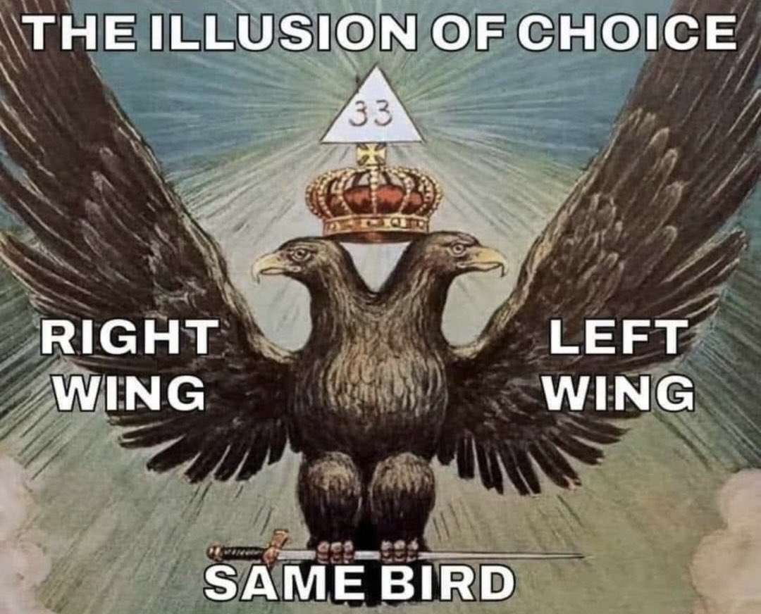 navigatinglies's tweet photo. I’ve had 7 people in the last week straight roast me for saying “I’m not voting”

Elections are a massive PSYOP (illusion of choice.) Every president in history has been pre-selected. The Masonic Uniparty always wins. Both parties serve the same master. Two wings of one evil bird https://t.co/LQo1qKpPUL