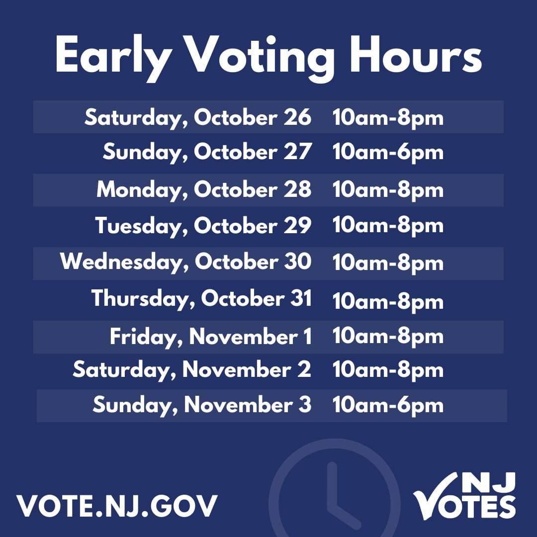 CuttleShannon's tweet photo. Vote early in person! Hours: Mon-Sat 10am-8pm, Sun 10am-6pm. Everything you need to know to be a New Jersey voter is at https://t.co/QgOCt061P9. #NJVotes #SOMA #ESSEX @MaplewoodNJDems @NJDSC https://t.co/cab46kgYTn