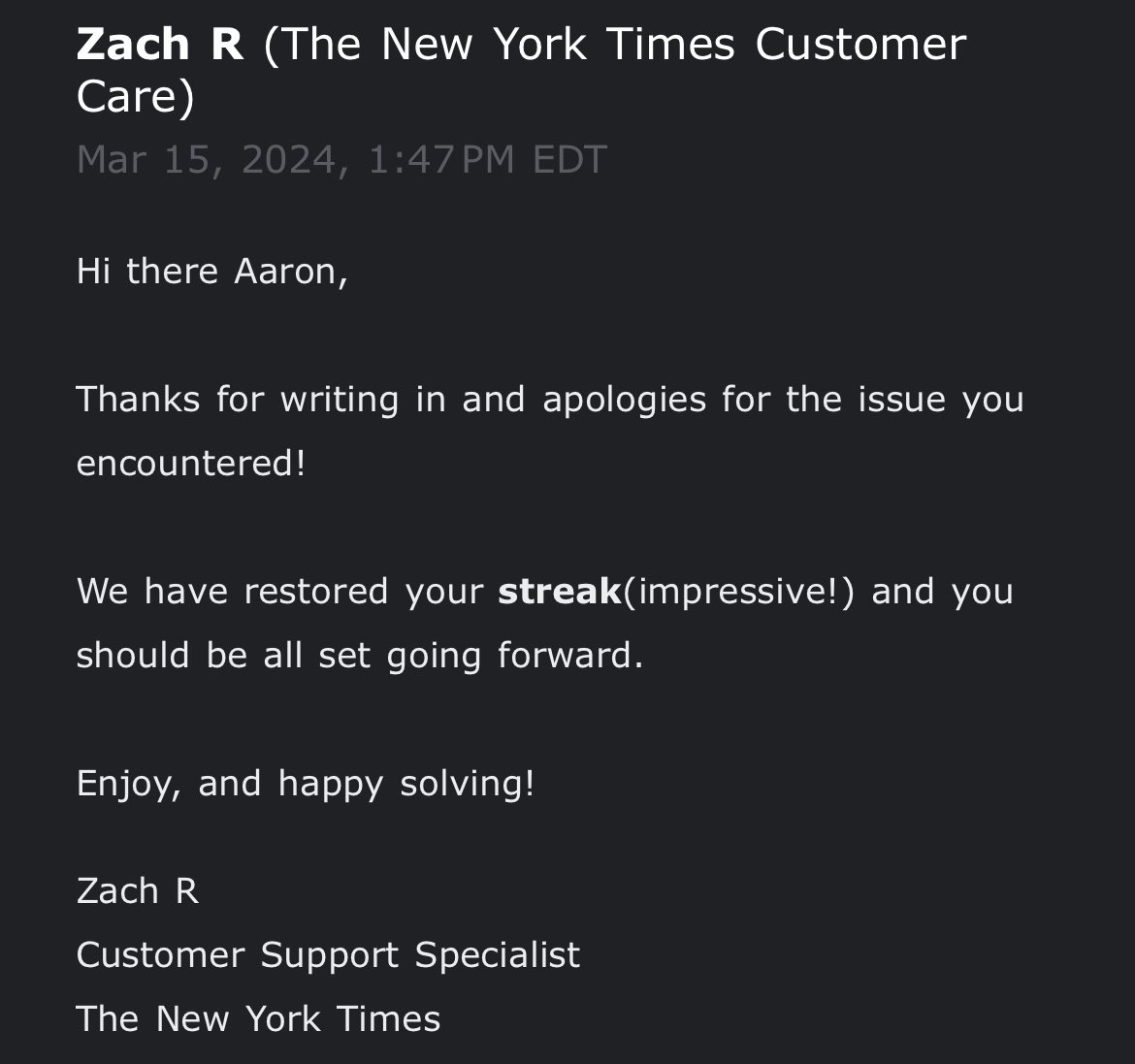AaronBola's tweet photo. 365 day NYT Crossword streak! Thank you to everyone who helped me get here, especially Zach R who I’m pretty sure was flirting with me. @NYTGames https://t.co/C9h93xZAts