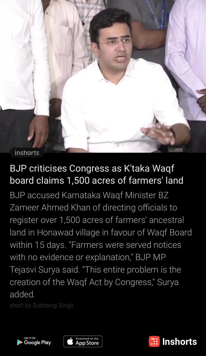 surajitanjoy's tweet photo. BJP criticises Congress as K'taka Waqf board claims 1,500 acres of farmers' land Inshorts
 -via inshorts ⁦@Tejasvi_Surya⁩ ⁦@BYVijayendra⁩ ⁦@BSBommai⁩ ⁦@BJP4Karnataka⁩ - Karyakartas shld not allow an inch; No work at Assembly till the Wakf Act is repealed https://t.co/VqJaofGvKu