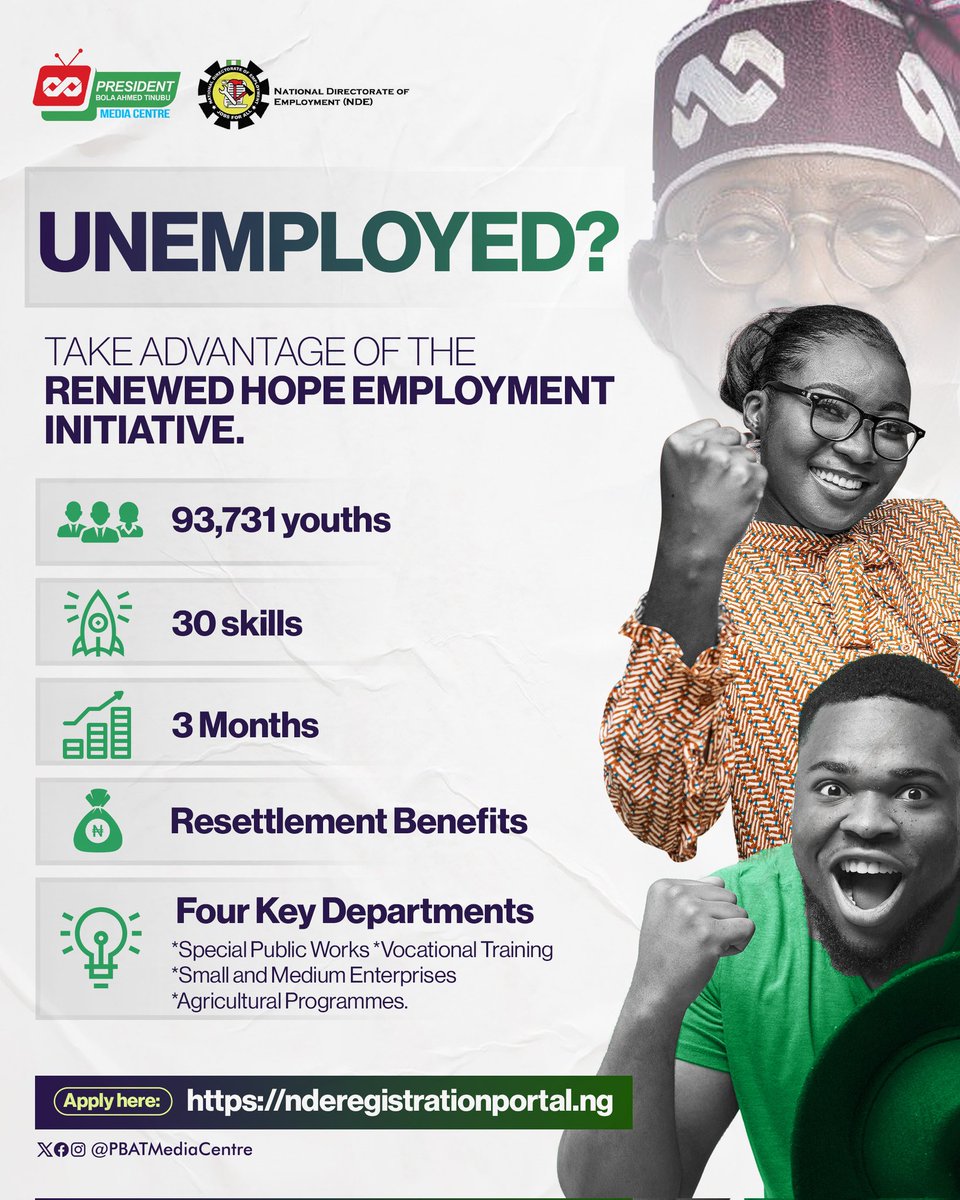 DOlusegun's tweet image. Please take advantage of the Renewed Hope Employment Initiative of President Tinubu’s administration that seeks to engage 90,000 Nigerians through the National Directorate of Employment.

Link: nderegistrationportal.ng

Good luck!