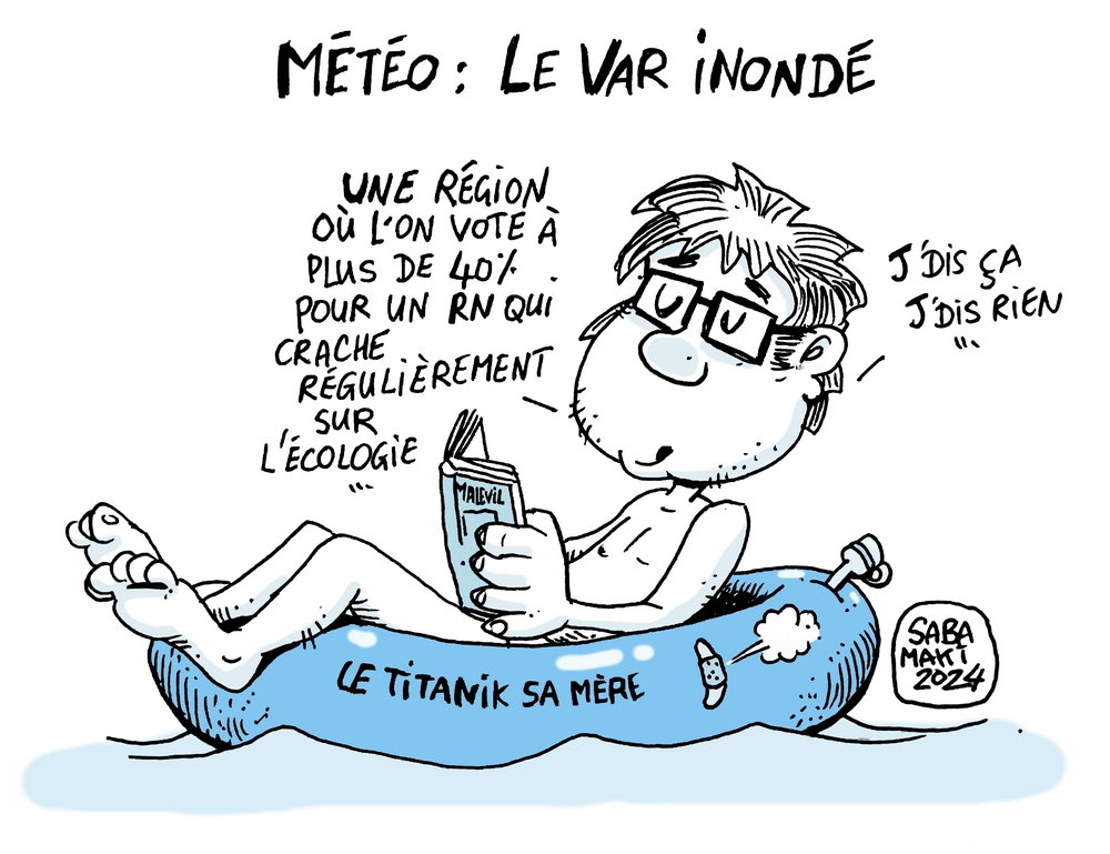 maki_saba's tweet photo. Inondations dans le Var, où comment se prendre la fameuse "écologie punitive" en pleine gueule ... Peut-être que certains vont commencer à y croire à ce réchauffement climatique ... #inondation #inondations #Var #dessin https://t.co/ZtTDq9RSBe