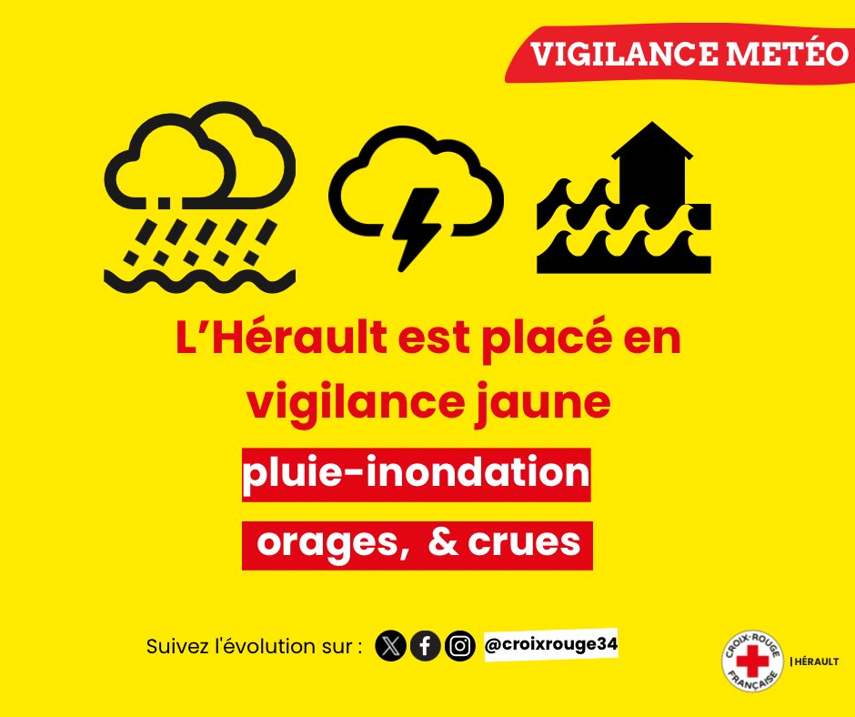 Croix-Rouge française - Hérault (@croixrouge34) on Twitter photo #MÉTÉO34 | ⛈️ Point de situation à 16h00 :
👉 Le département de l’#Hérault est maintenu en 🟡 #VigilanceJaune :
🌧️ #Pluieinondation jusqu’à 21h
🌩️ #Orages jusqu’à 21h
💧#Crue sur Hérault / Lez
👉 Suivez l’évolution de la situation et les consignes recommandations du <a href="/Prefet34/">Préfet de l'Hérault 🇫🇷</a> #MÉTÉO34 | ⛈️ Point de situation à 16h00 :
👉 Le département de l’#Hérault est maintenu en 🟡 #VigilanceJaune :
🌧️ #Pluieinondation jusqu’à 21h
🌩️ #Orages jusqu’à 21h
💧#Crue sur Hérault / Lez
👉 Suivez l’évolution de la situation et les consignes recommandations du <a href="/Prefet34/">Préfet de l'Hérault 🇫🇷</a>