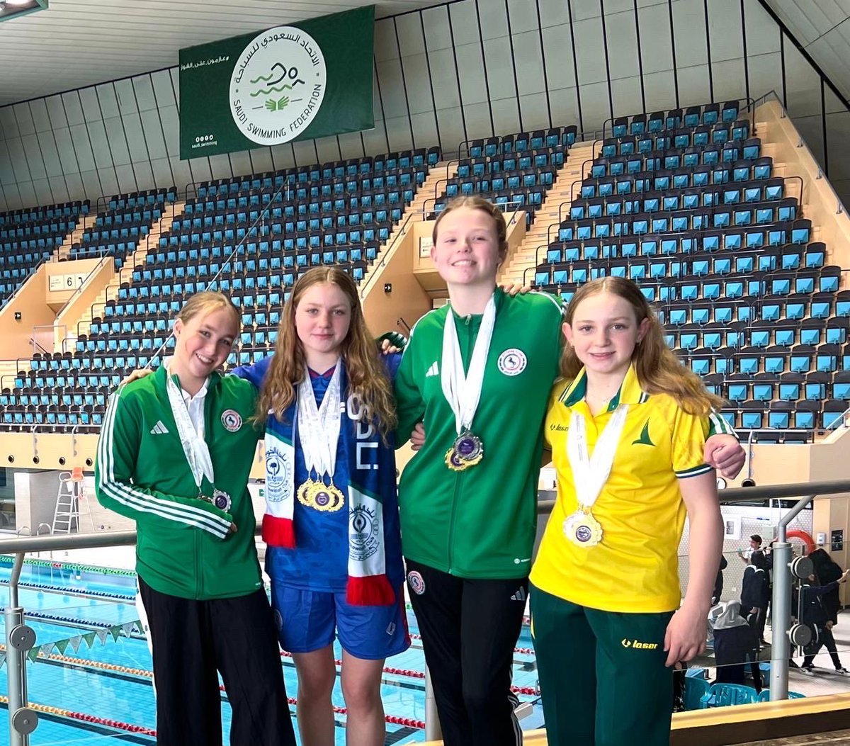 🇸🇦 Four of our boarders Hattie, Jasmine, Olivia and Emma, represented Al Ettifaq, Al Khaleej and Al Khowildiah sports clubs at the Saudi Eastern Province Regional Championships this weekend. Well done girls! #ReptonSwimming⚡️