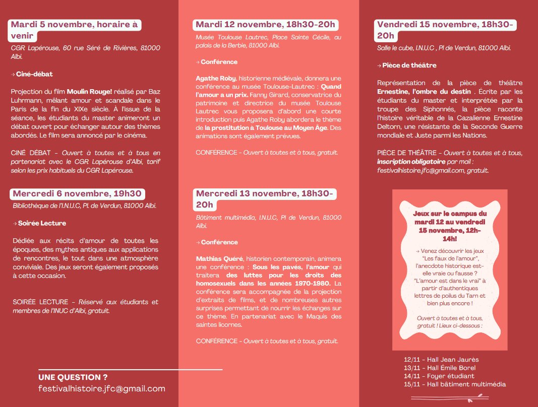 Le 12/11, j'interviendrai dans le cadre du Festival d'Histoire publique d'Albi. Au programme, conférences, ciné débat, théâtre autour du thème de l'Amour
Demandez le programme!