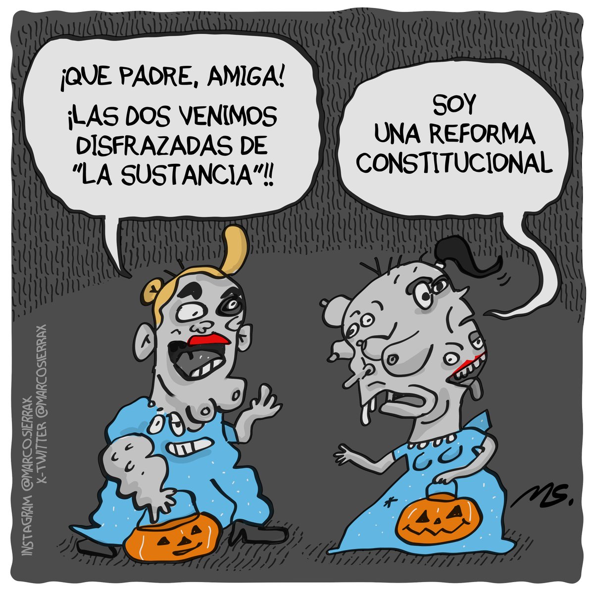 marcosierrax's tweet image. El disfraz de moda. 

Mi cartón de hoy para la revista Fangoria dominical.
#lasustancia #humor #reformapoderjudicial #horrormovies #halloween #SpoilerAlert