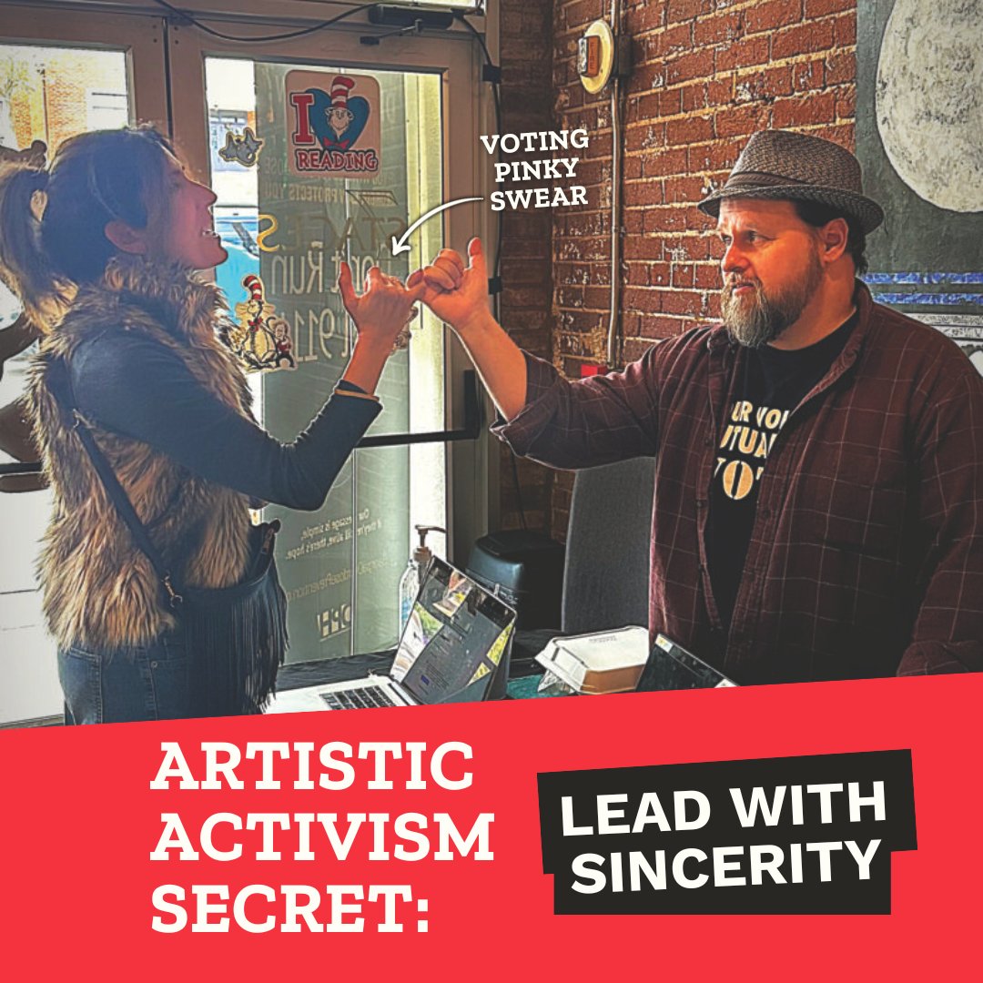 Past Unstoppable Voters Fellow Aileen Loy mastered engaging voters this year through our Artistic Activism Test Kitchen. By blending mutual aid with voting, she found folks more likely to make pinky swear promises to vote when direct community help was involved. #OctoberSurprise