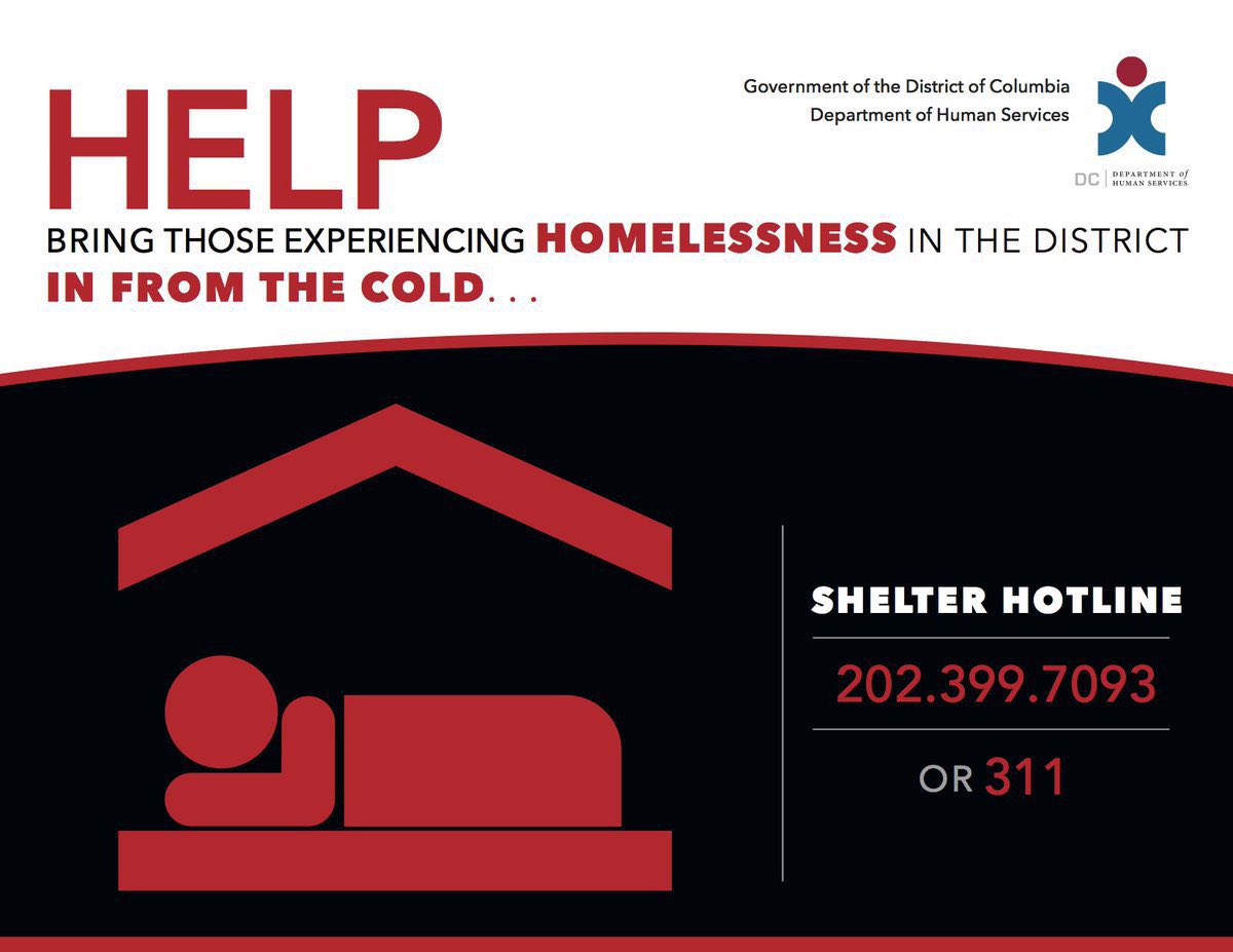 ❄️ It's getting cold outside, and hypothermia season is just around the corner. 🥶

If you see someone outside in need of shelter, call the Shelter Hotline at (202) 399-7093 or dial 311. 📱

If there is an immediate risk to safety, call 911. 🚨