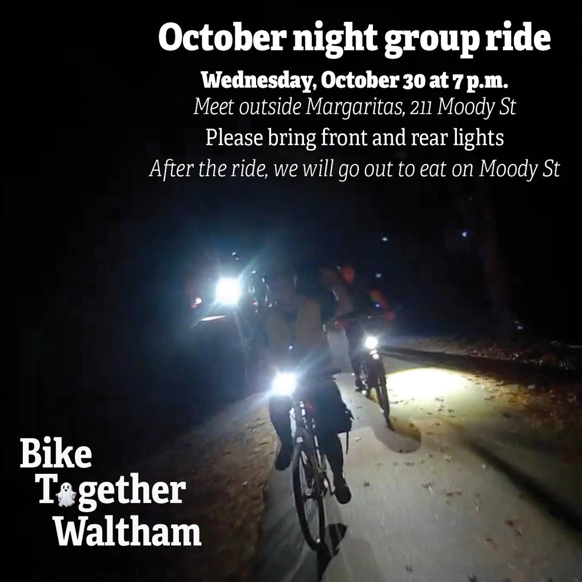 BikeWaltham's tweet photo. What a beautiful day for our haunted group ride yesterday 🎃👻🪦🍁🐮☠️🚴‍♂️🚴‍♀️🚴

If you missed it, we have a group night ride this Wednesday! Meet outside Margaritas at 7pm. Please bring (front and rear) lights 💡🚨
Bike-safe costumes welcome https://t.co/ZuSyT7jnfd