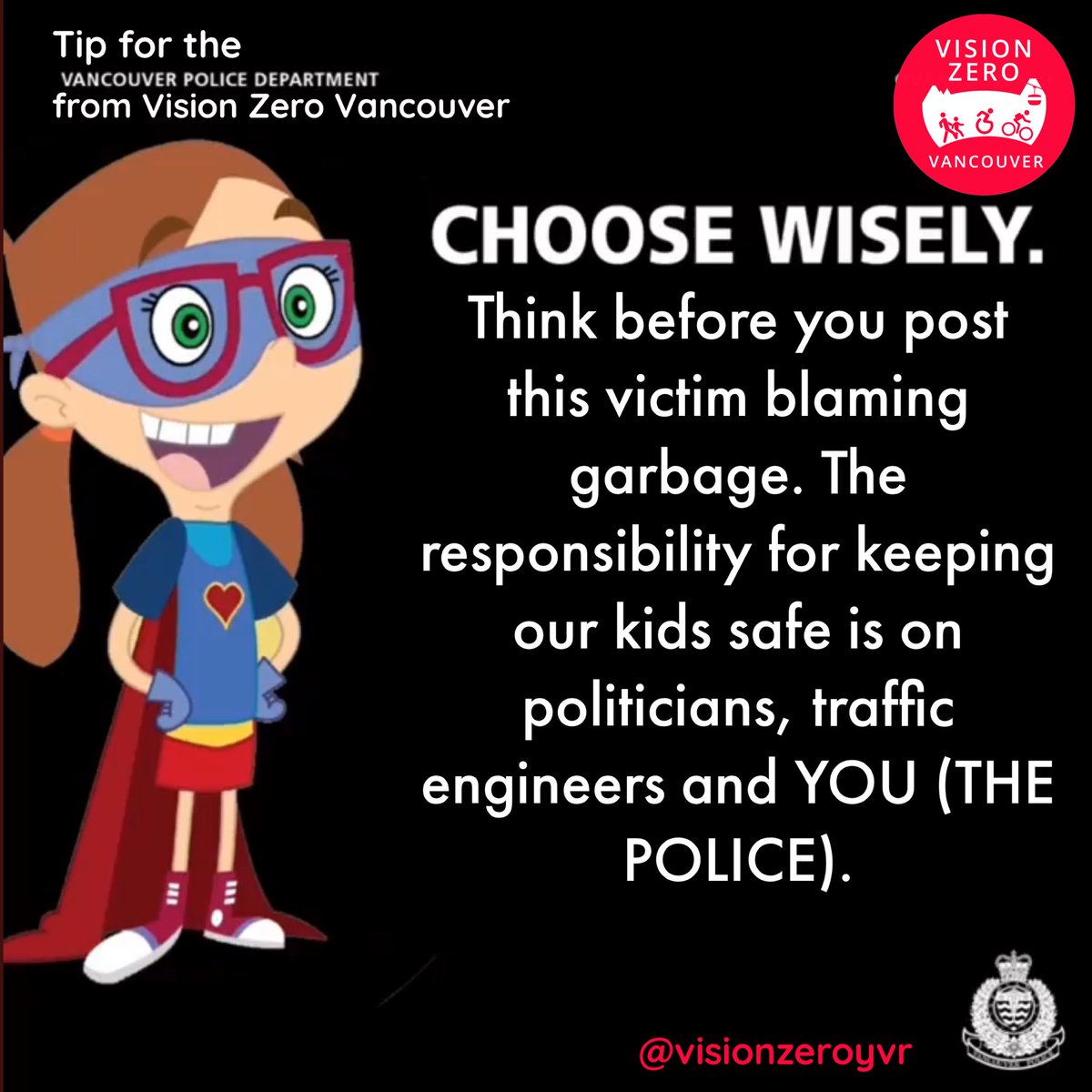 VisionZeroYVR's tweet photo. We’ve got some safety tips to share with the law enforcement in your life so they can help ensure drivers don’t crash into kids who are trick-or-treating.

We hope this is the one time a PSA is actually effective. https://t.co/08LBSLhUzl