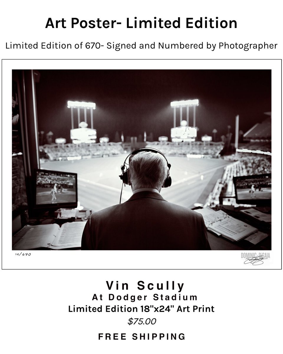 DominicDiSaia's tweet photo. #VinScully photograph. Each art print is signed and numbered by me. Only 670 are available. Printed on heavy weight, uncoated paper. Once they are gone, they are gone. They are 18"x24" 🗣🎙📻⚾️ 🐐 #Dodgers #VinScully #Win4Vin #BuyArt #ITFDB
Buy here….
https://t.co/LxuceoFn9C https://t.co/7pIbpakN7Q