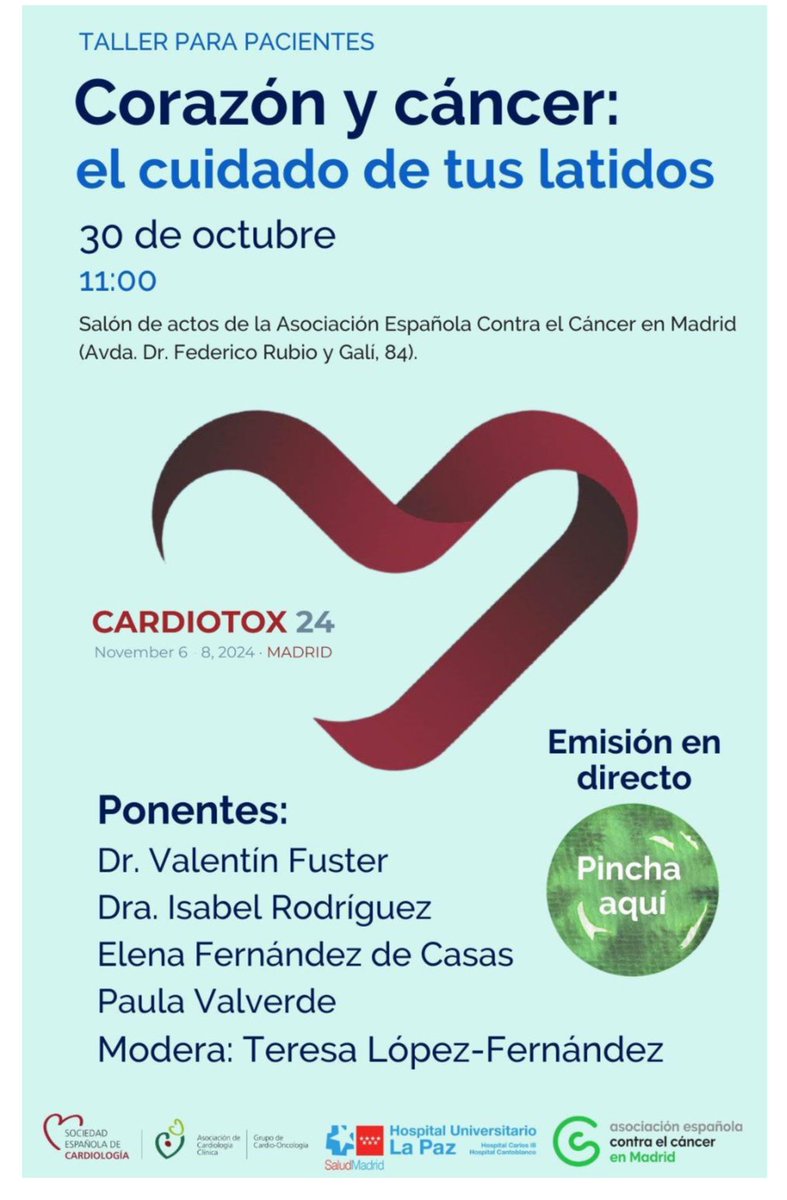 Corazón 🫀y cáncer 🦀: el cuidado de tus latidos

🗓️30 de octubre 
⏰ 11:00h
📍Salón de actos de la <a href="/ContraCancerEs/">Asociación Española Contra el Cáncer</a> 

No te lo pierdas, estaremos publicando el link para el streaming.

#radonc #CardioOnco #cardiotox24