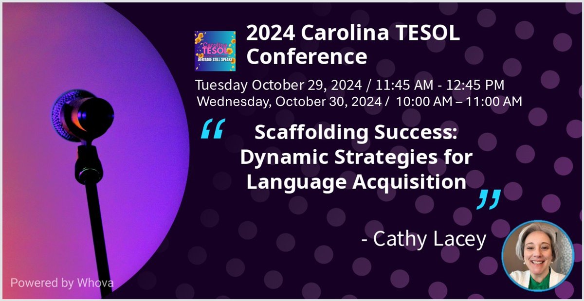 Join me at the <a href="/CarolinaTesol/">Carolina TESOL</a> Conference as we explore practical #Scaffolding techniques to support all learners.
📅Tues, Oct 29 | 11:45 – 12:45 PM | Center Ballroom
📅Wed, Oct 30 | 10:00 – 11:00 AM | Palisades A
Let's learn &amp; make a difference together!
#CarolinaTESOL2024