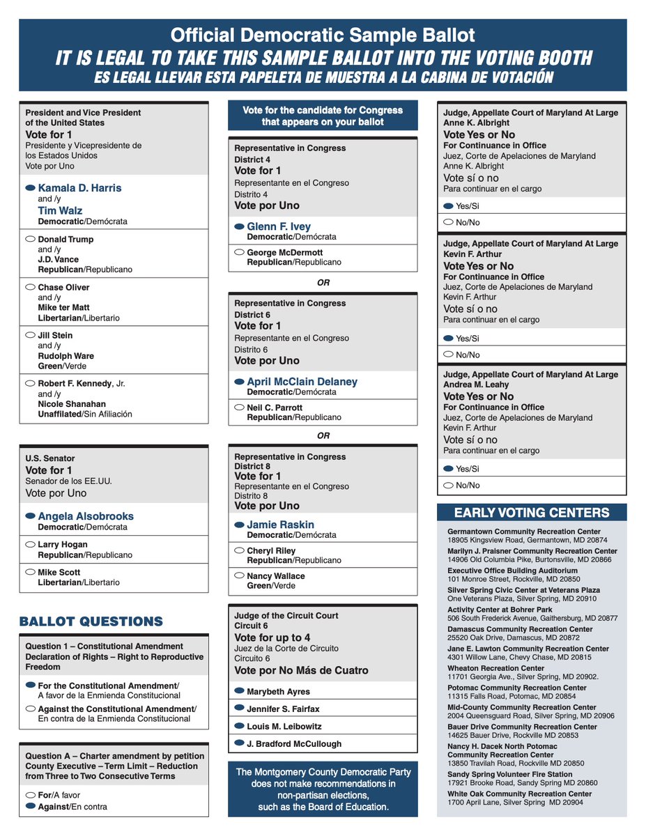 Vote the official Montgomery County 2024 Democratic Ballot 🗳️ !

✅  FOR Question 1, safeguarding reproductive freedom
❌  AGAINST Question A, reducing term limits from 3 to 2

View a printable ballot at mcdcc.org/2024SampleBall….
