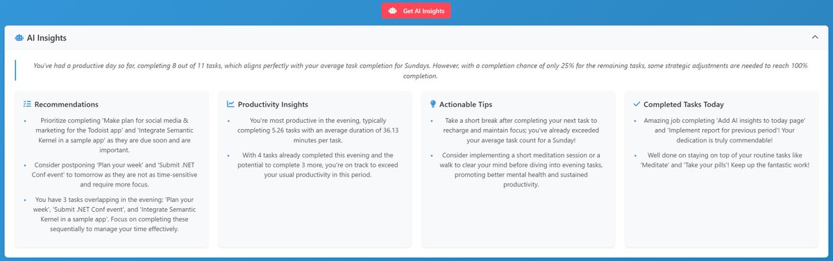 task_analytics's tweet image. Not perfect yet but we're working on improving the AI insights! The goal is to get an analysis of your day and historic data so that you set an achievable number of tasks for today and complete as many as possible!
You can now get these insights in the Today page! #todoist